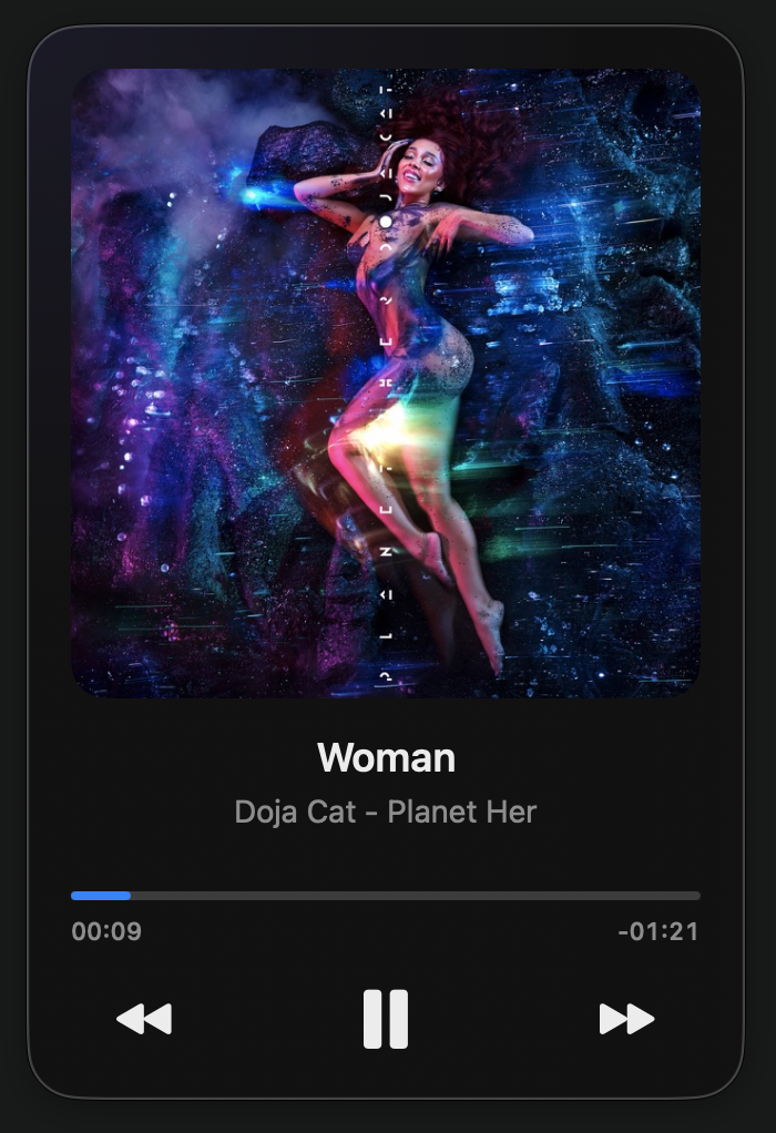 NowPlayingWidget full view showing album art, track title, artist, and playback controls